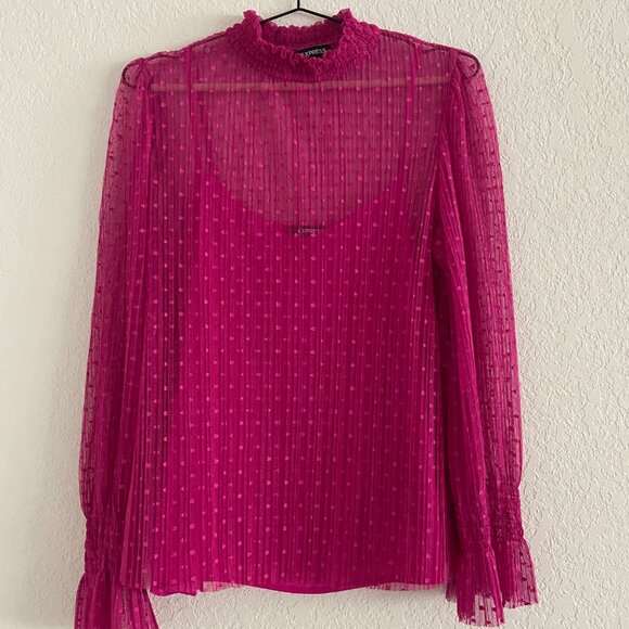 Classy Polka Dot EXPRESS Women's Top w/Camisole, Large Size Pink Mesh Dressy Top - Picture 13 of 15